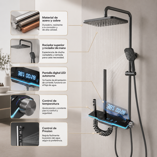 Sistema de ducha con pantalla digital inteligente: pantalla LED de temperatura, válvula mezcladora de cobre, panel de vidrio templado y juego de ducha tipo lluvia