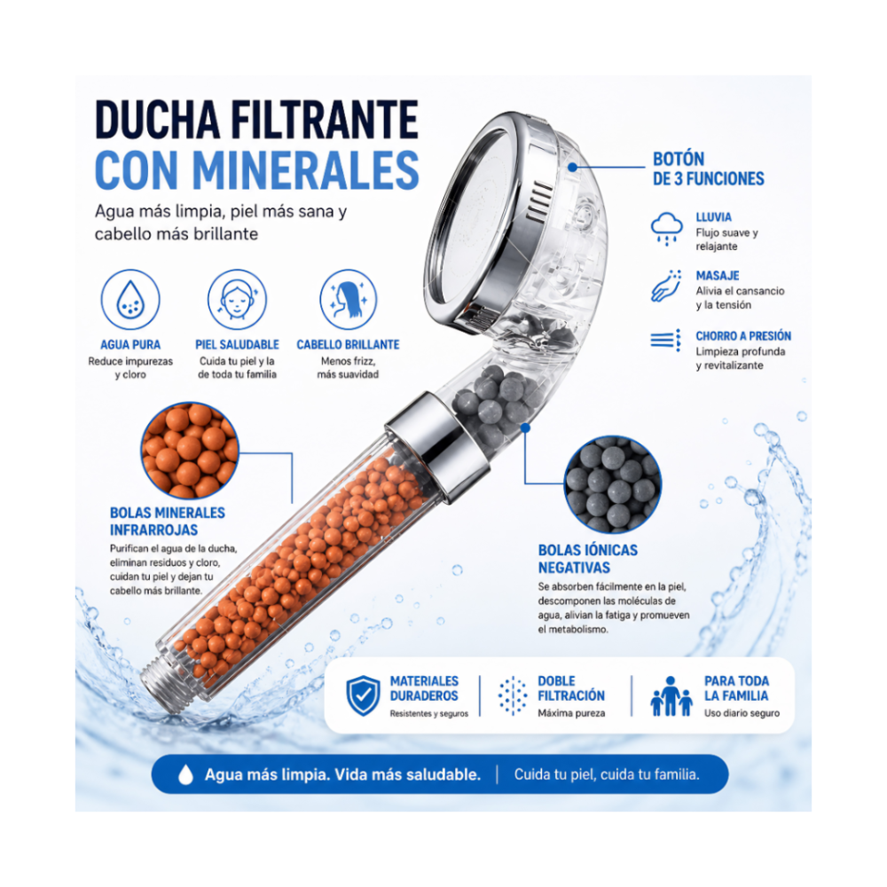 Cabezal de ducha iónico de mano con 3 modos, con filtro de alta presión. Pack accesorios y pack Luces de colores