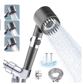 Cabezal de ducha de masaje de 4 modos con cepillo de silicona, modo de pistola rociadora desmontable, cabezal de ducha de baño de alta presión de mano con filtro