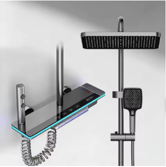 Sistema de ducha con pantalla digital inteligente: pantalla LED de temperatura, válvula mezcladora de cobre, panel de vidrio templado y juego de ducha tipo lluvia