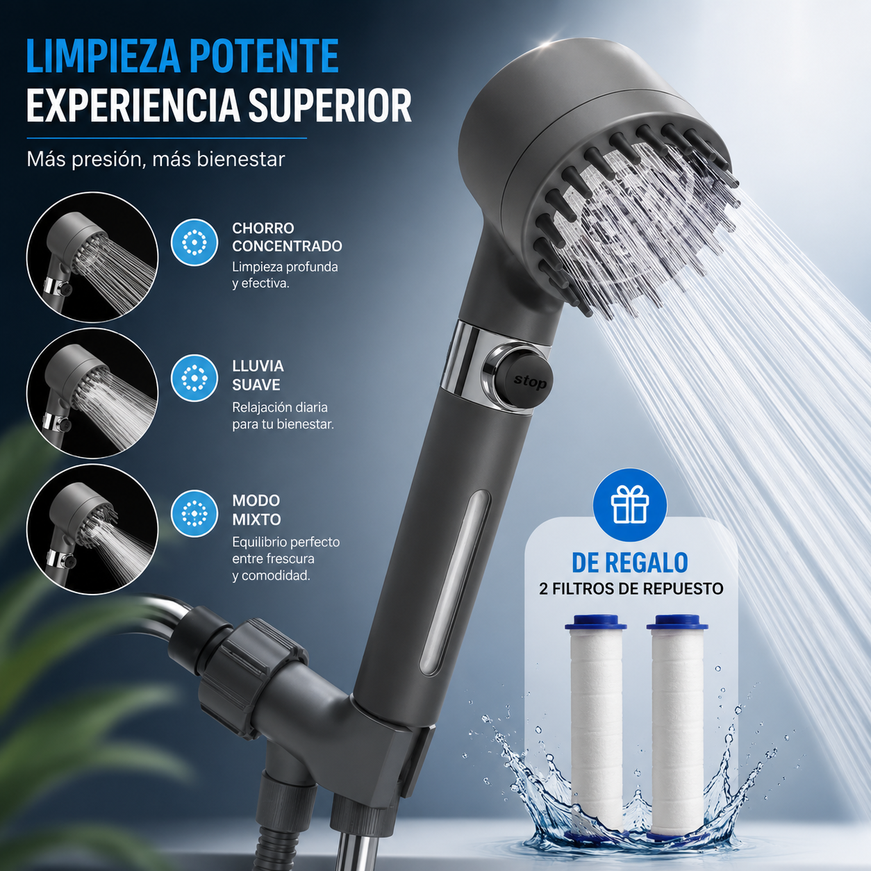 Cabezal de ducha de masaje de 4 modos con cepillo de silicona, modo de pistola rociadora desmontable, cabezal de ducha de baño de alta presión de mano con filtro