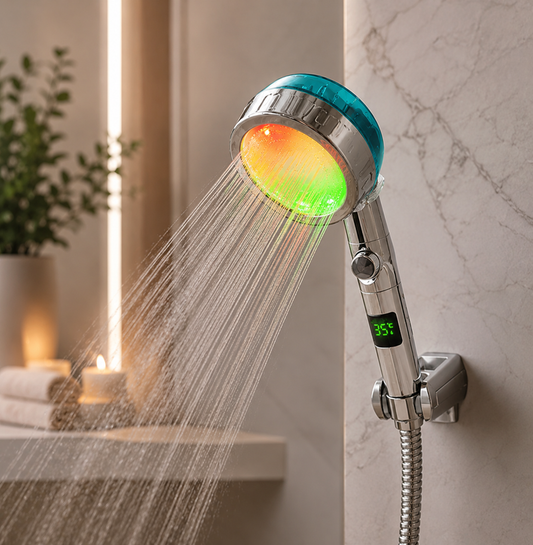 Cabezal de ducha Led con cambios de 3/7 colores, botón de parada de hélice, turbocompresor, cabezal de ducha de alta presión, pantalla de temperatura