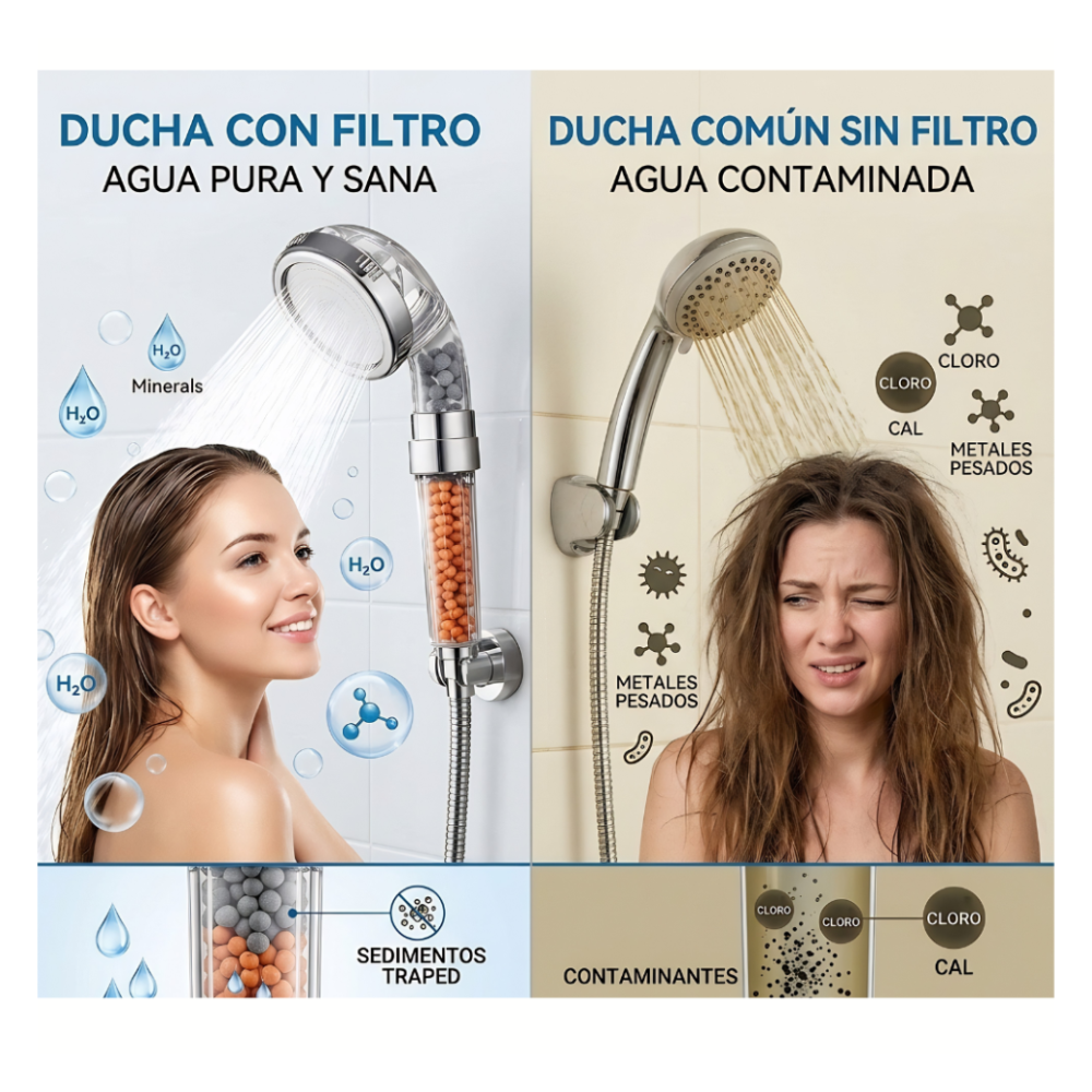 Cabezal de ducha iónico de mano con 3 modos, con filtro de alta presión. Pack accesorios y pack Luces de colores