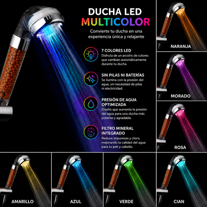 Cabezal de ducha iónico de mano con 3 modos, con filtro de alta presión. Pack accesorios y pack Luces de colores
